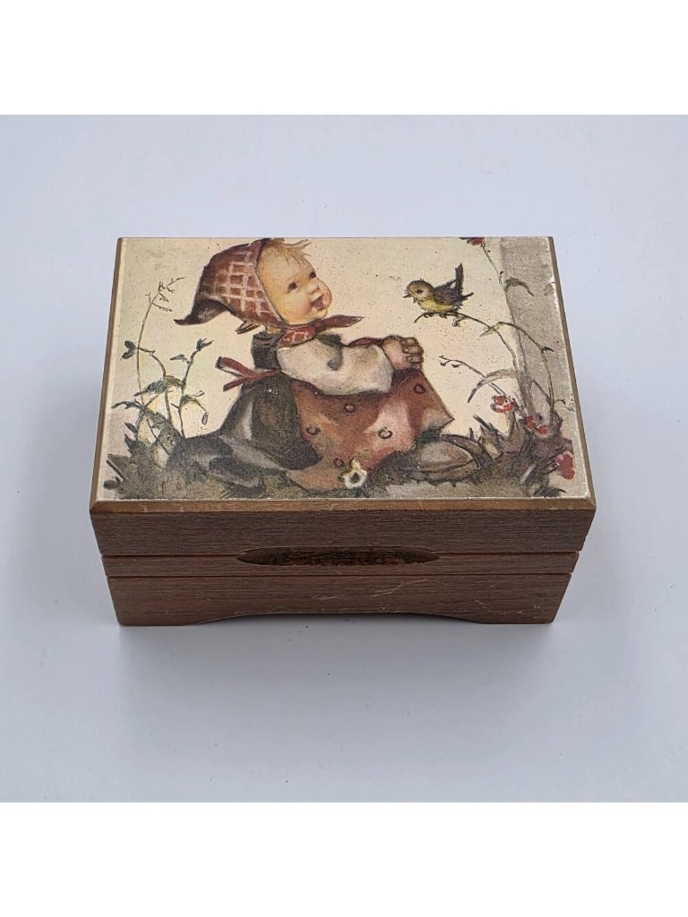Vintage Hummel Style Girl Bird Wooden Sankyo Wind Up Music Box Working